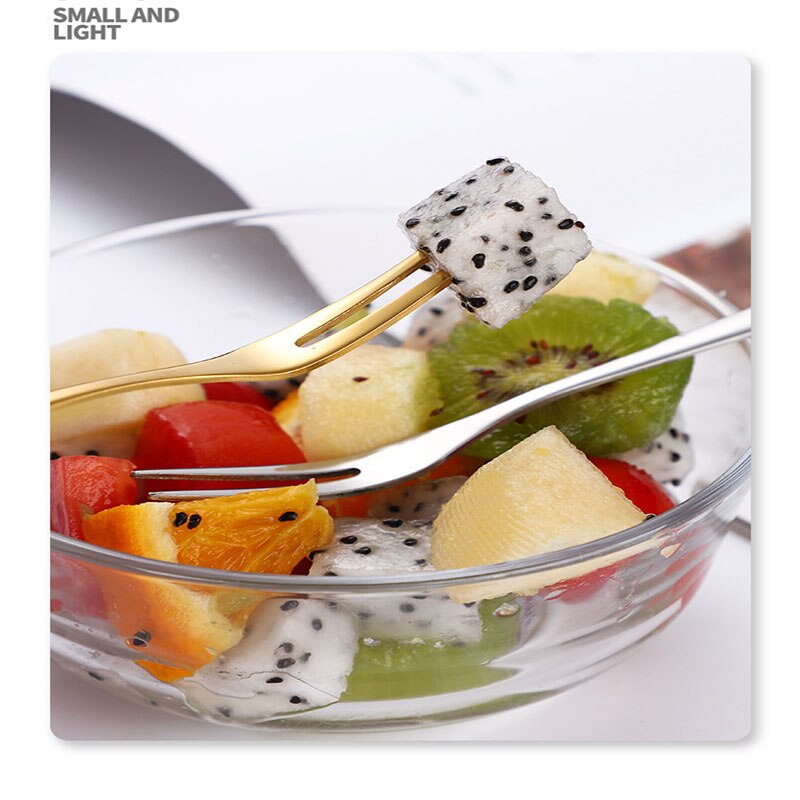 Tenedor de fruta de dos dientes de mango largo de acero inoxidable 304, tenedor dorado de postre para aperitivos y pasteles, vajilla de ensalada para en Hotel, dos dientes