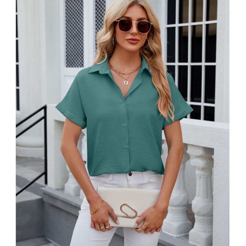 
Summer Women camisas Casual Office Loose Shirt Short Sleeve Lapel Button Down Shirt Solid Color camisas de mujer﻿