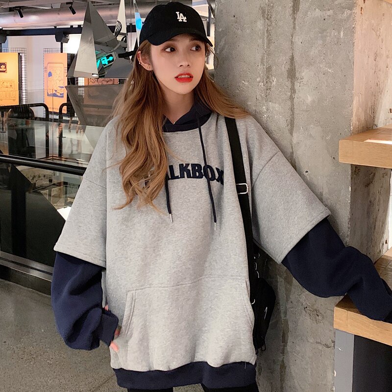 Hoodies Women Aesthetic Thicker Korean BF Ulzzang Embroidery Letter Long Loose Pullovers Hooded Warm Students Daily Womens: gray / M