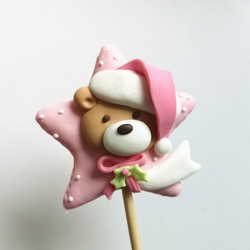 Santa Claus Elk Snowman Christmas Cake Toppers Tree Deer Shoe Happy Year Decorations Party Baking Supplies Kid Love: Sleeping cap bear