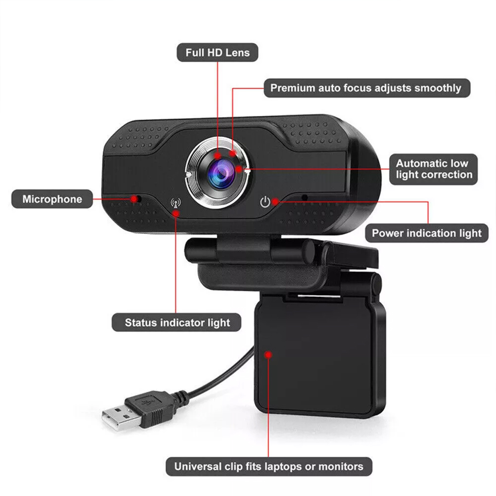 Webcam full hd 1080p com foco manual, câmera para computador com clipes universais, compatível com laptops, desktops e monitores, com microfone.