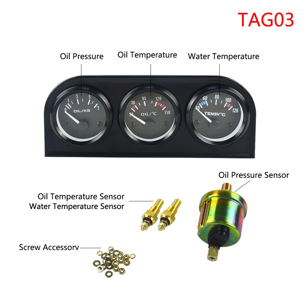 Kit de tres relojes medidores para auto, accesorio indicador de temperatura de aceite, temperatura de agua y presión de aceite, 52 mm, sensor 3 en 1: TAG02
