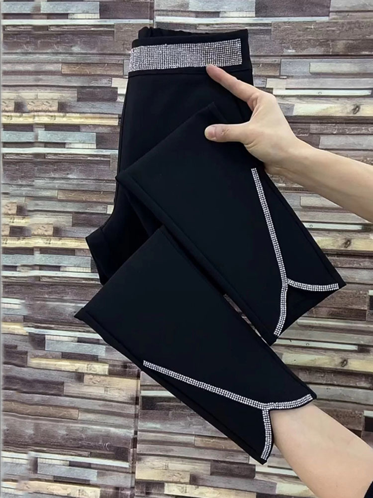 Diamant alle-kamp svarte rette bukser til kvinner sommer tynne draperte lommer løse høy midje splittede vide benbukser: Xxl / Svart