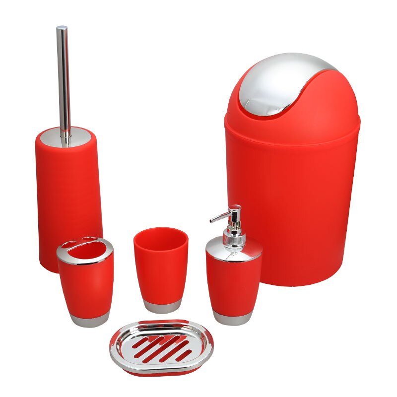 6Pcs Bathroom Accessories Set Toothbrush Holder Cup Soap Dispenser Dish Toilet Brush Trash Can Plastic Tumbler Cup Washroom Tool: red