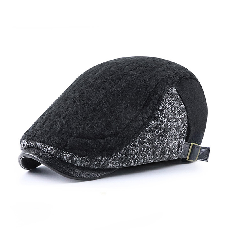 Casquette plate à chevrons en bec de canard pour hommes, béret en Patchwork, chapeau tricoté en laine, Gatsby, casquette en lierre d&#39;âge moyen, journal de Golf Cabbie, automne et hiver: Black