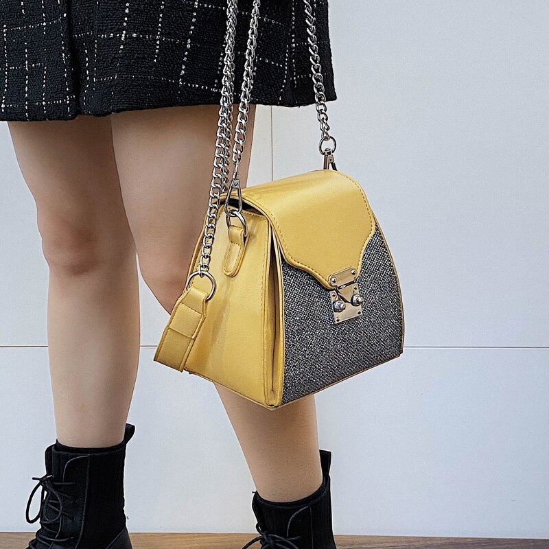 Contrast color Bucket bag PU Leather Women's Handbag Lock Chain Shoulder Messenger Bag