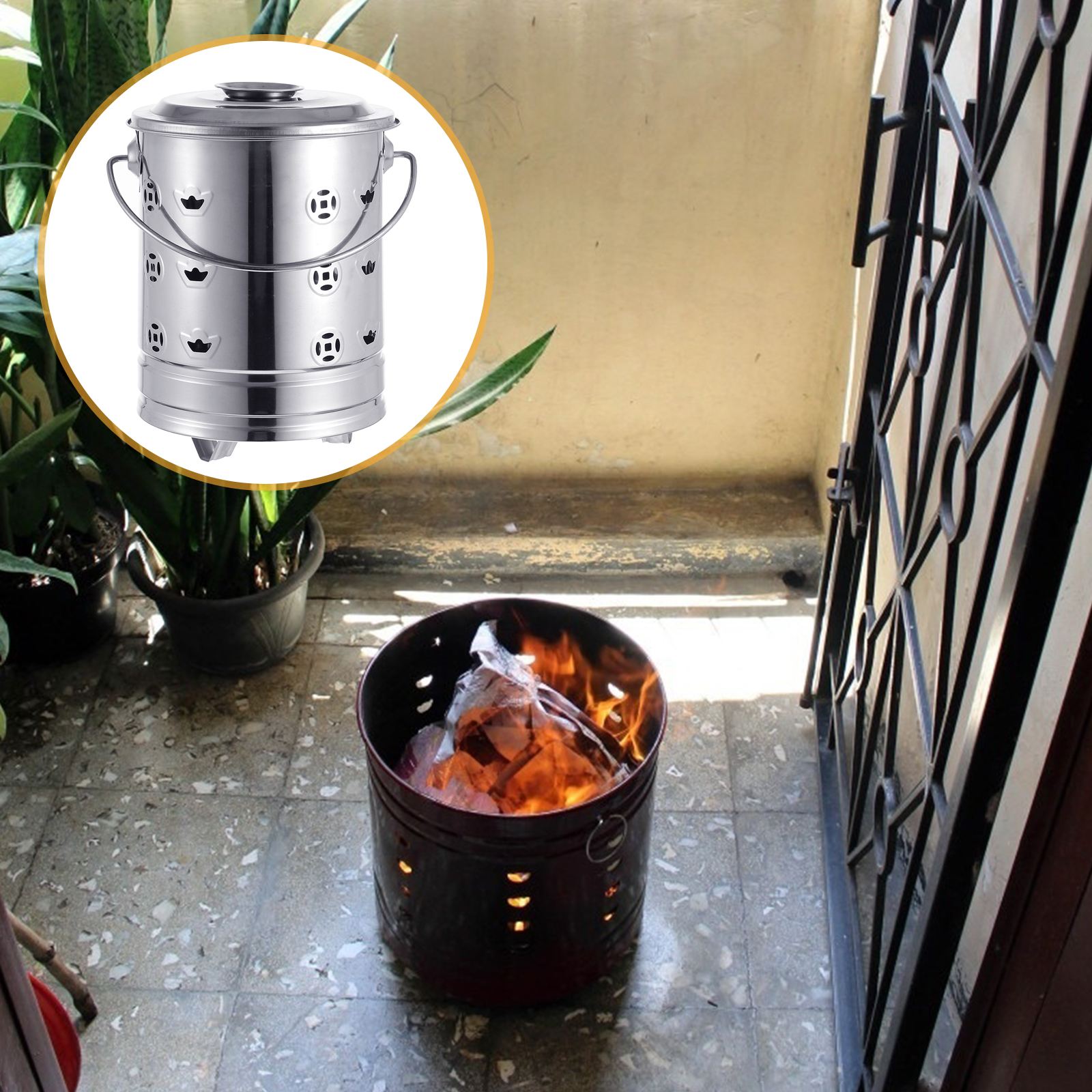 1 Set Stainless Steel Burn Barrel Incinerator Furnace Burning Bin With Tong Household Fire Pits 24X20X20CM