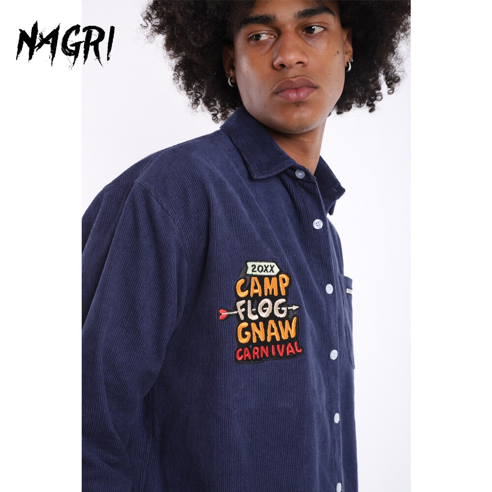 Camisa lisa de manga larga para hombre, Bordado de letras de pana Vintage Preppy de gran tamaño, camisas informales de algodón de estilo coreano