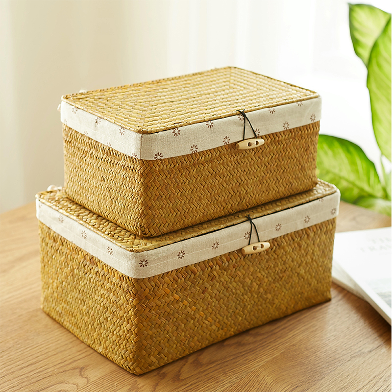 Handmade Rattan Storage Box Container Desktop Sundries Organizer Straw Wicker Basket With Lid Liner Bathroom Chest Square