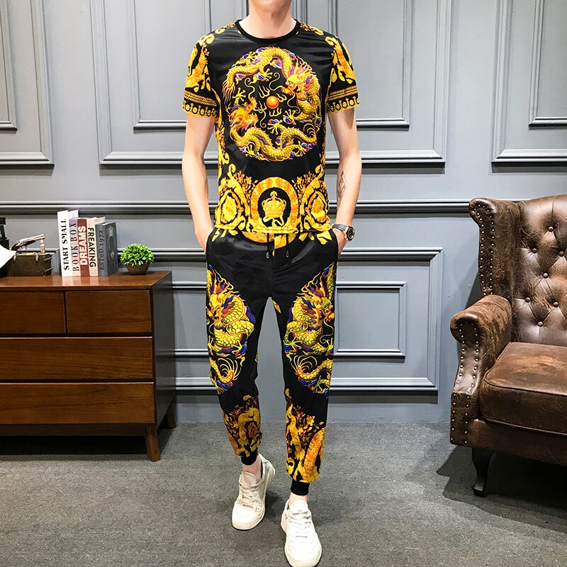 Gouden Draak Print Mannen Sportkleding Zomer T-shirt Broek Casual Suits 2 Stuks Trainingspak Mannen Sweatsuit Luxe Mannen Kleding