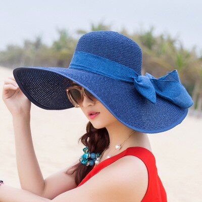 Women Ladies Summer Hats Straw Hats Bow Beach Foldable Sun Hats: Soild Navy