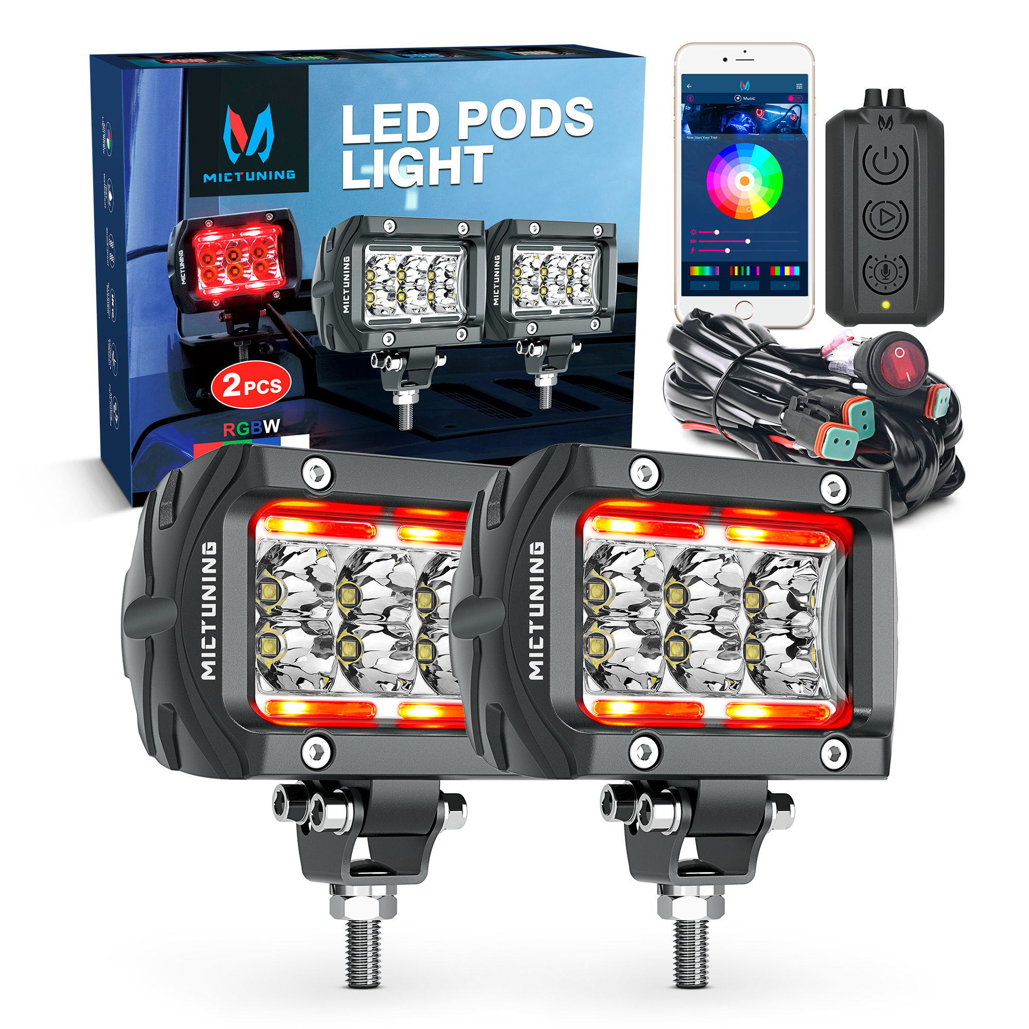 MICTUNING K1 RGBW LED Pods Light Atmosphere Light 4 Inch 18W Off Road Combo Driving Light With APP Control Box For Truck ATV UTV