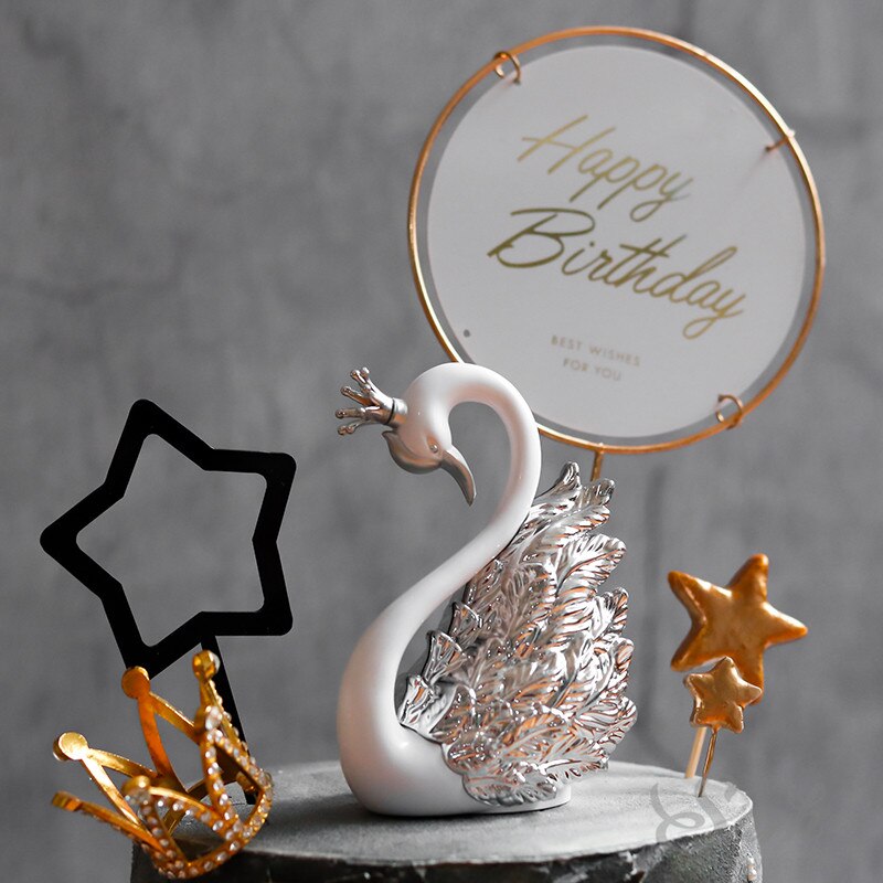 Crown Swan Gold Feather Cake Topper Hollow Star Birthday Party Decoration for Baby Shower Baking Supplies Anniversary Sweet