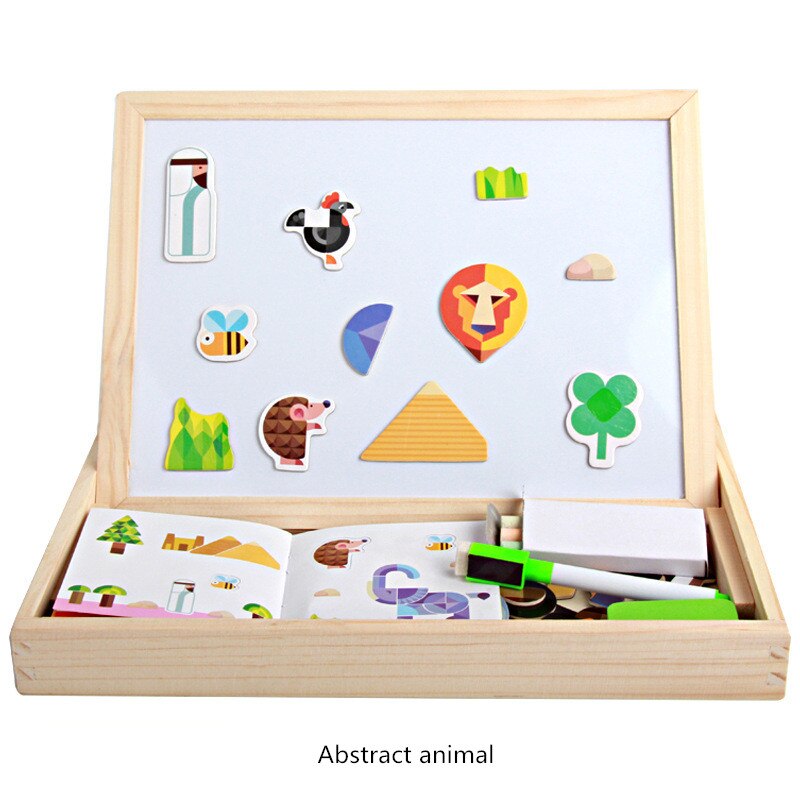 15 Style Wooden Magnetic Puzzle Double-Sided Drawing Board Farm/Animals/Vehicle/Circus Puzzle Toys for Children With Box: E