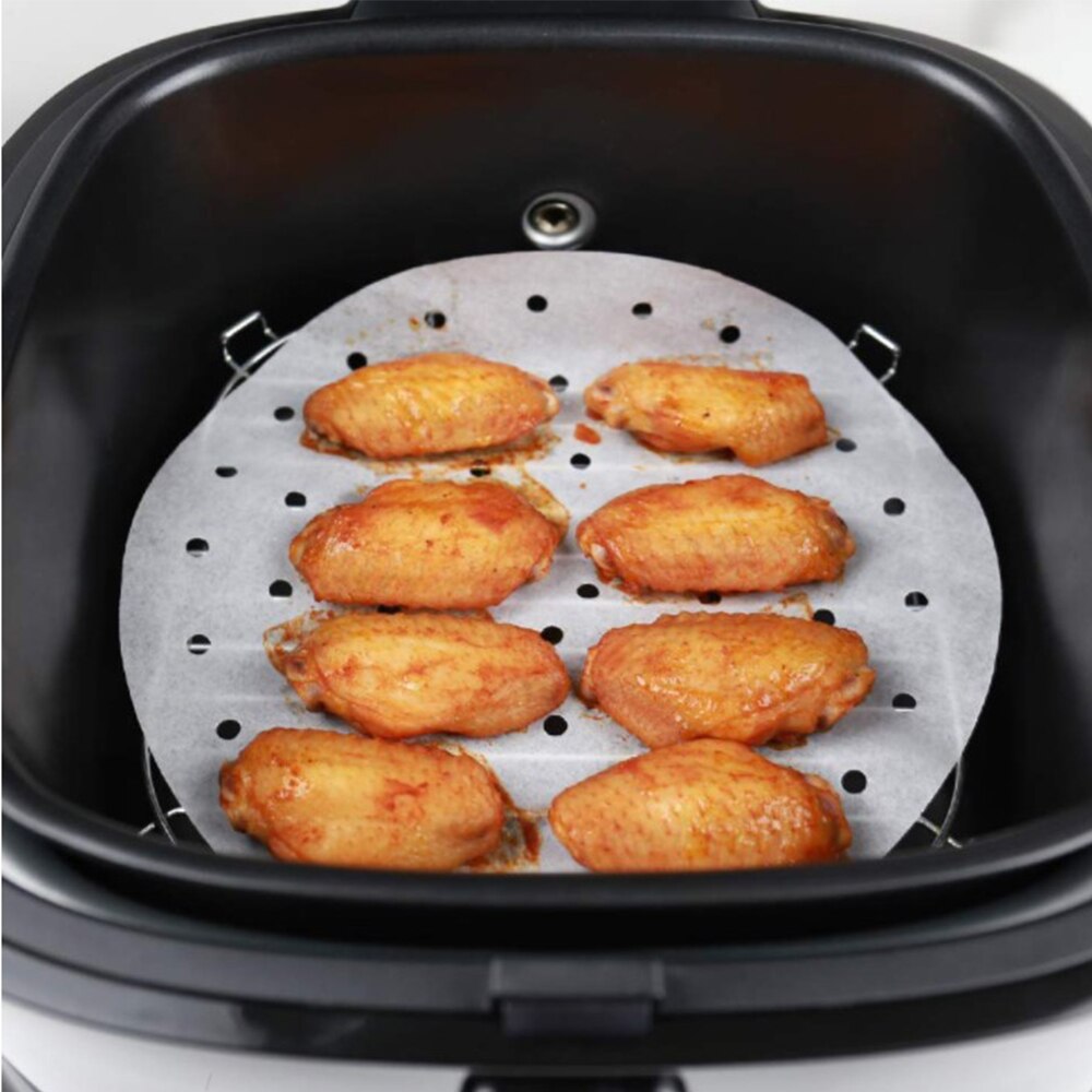 100Pc 7/8/9 Inch Air Fryer Steamer Liners Premium Perforated Wood Pulp Papers Non-Stick Steaming Basket Mat Baking Cooking Tools