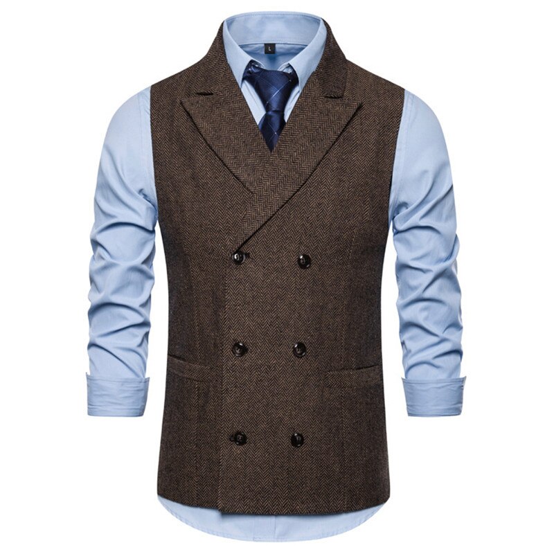 Herr formella dubbelknäppta västar klassisk kostym gilet homme slim fit kaffeväst män äktenskap chalecos para hombre: Brun / M