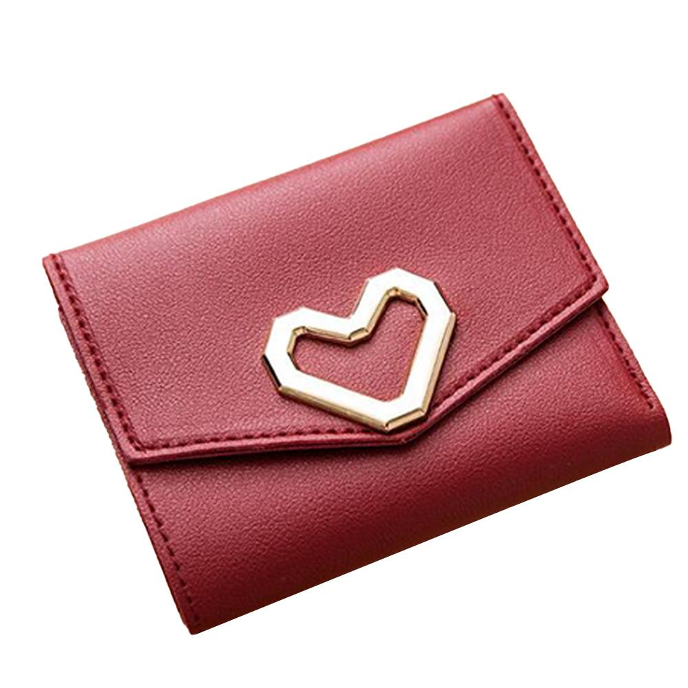 PinShang Women Short Wallet Heart 3-folds Candy Color PU Leather Magnetic Buckle Square Purse: red