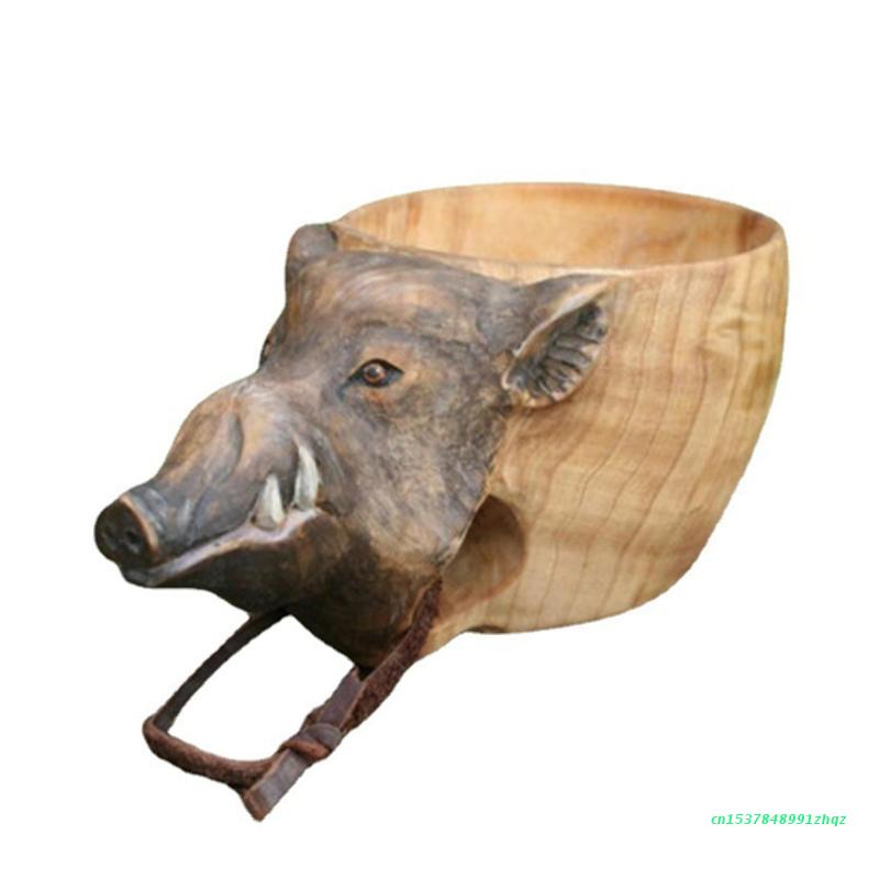 Hand Gesneden Rubber Houten Mok Dieren Hoofd Afbeelding Cup Houten Dier Mok Vorm Draagbare Camping Drinkbeker Drinkbekers: Wolf