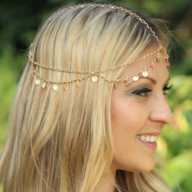 Corona Bohemia para mujer, cadena metálica dorada, diadema de joyas, cinta para el pelo, 1 unidad,: Color oro puro