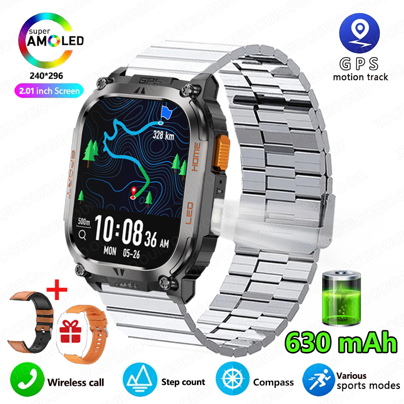 Smartwatch z wbudowanym GPS, wodoodporny IP68, bateria 630 mAh, kompas, barometryczny wysokościomierz, odtwarzanie muzyki Bluetooth, sterowanie głosowe AI, połączenia BT.: Jasny brąz