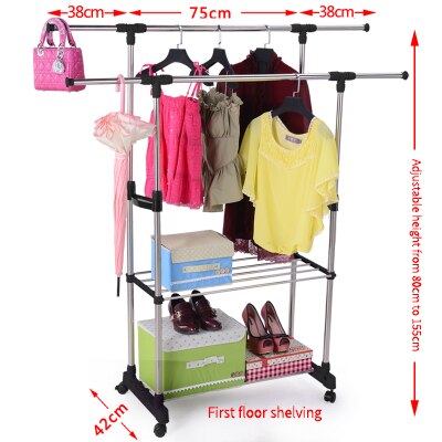 Double rod drying rack coat simple clothes retractable cool drying rack floor folding indoor balcony stainless steel double rod: two shelf