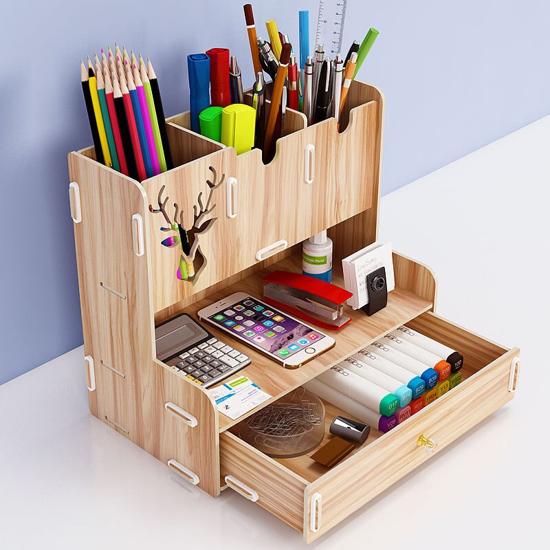 1Pcs Multi-function Wooden Desktop Pen Holder Office School Storage Case Desk Pen Pencil Organizer