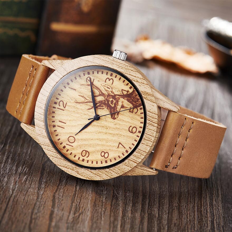 Reloj de pulsera de madera de imitación de árbol y ciervo para hombre y mujer, cronógrafo de imitación de Animal, caja acrílica, color marrón