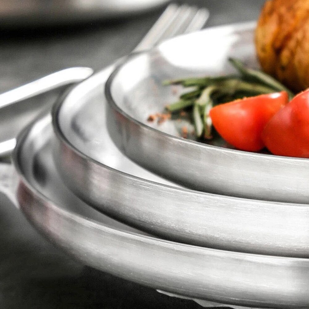 Stainless Steel Round Plate Double-Walled Insulated Dinner Plate Non Stick Pizza Plate Western Restaurant Dish Shallow Cake