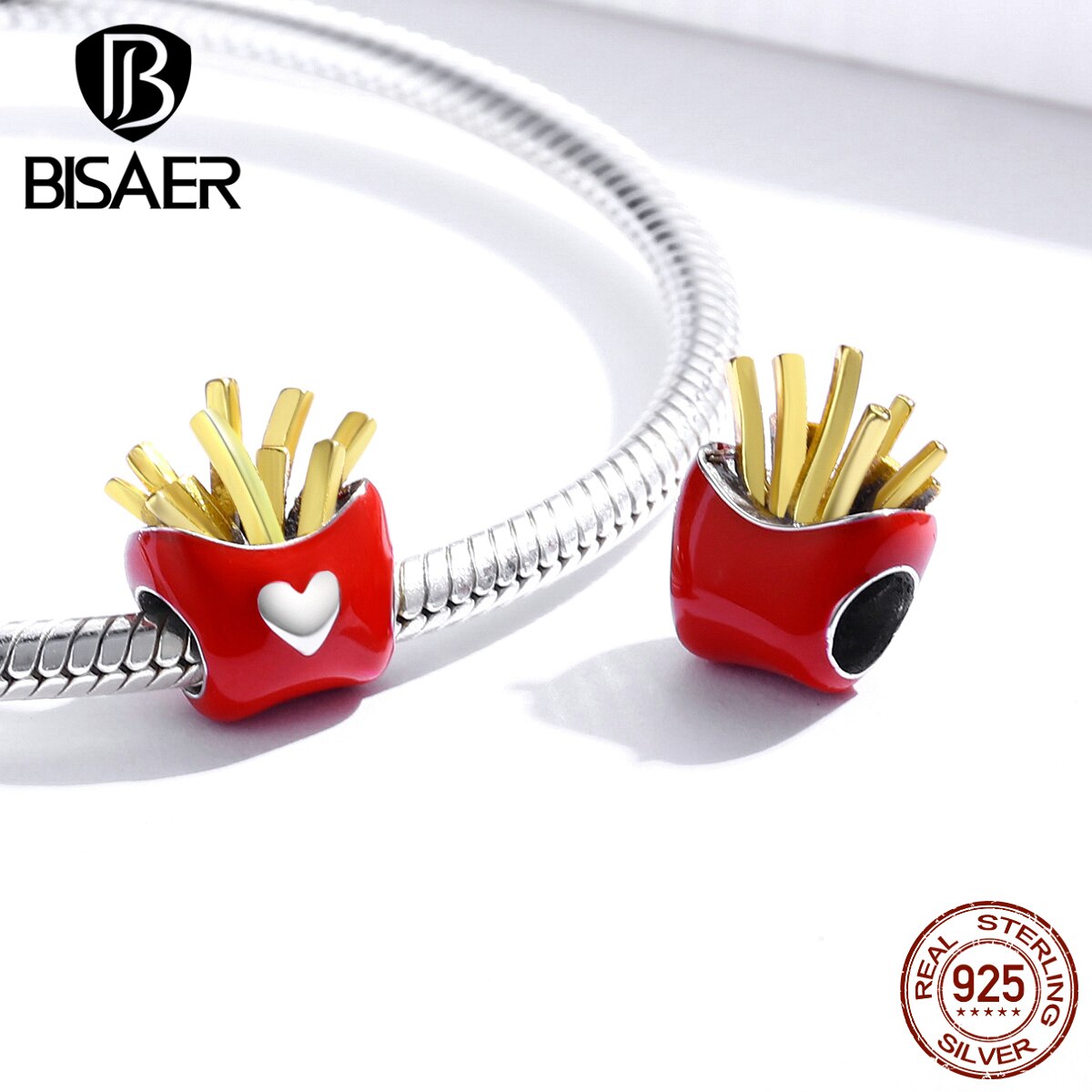 BISAER délicieuses frites breloques 925 en argent Sterling alimentaire perles pendentif pour Bracelets collier bijoux de ECC1606