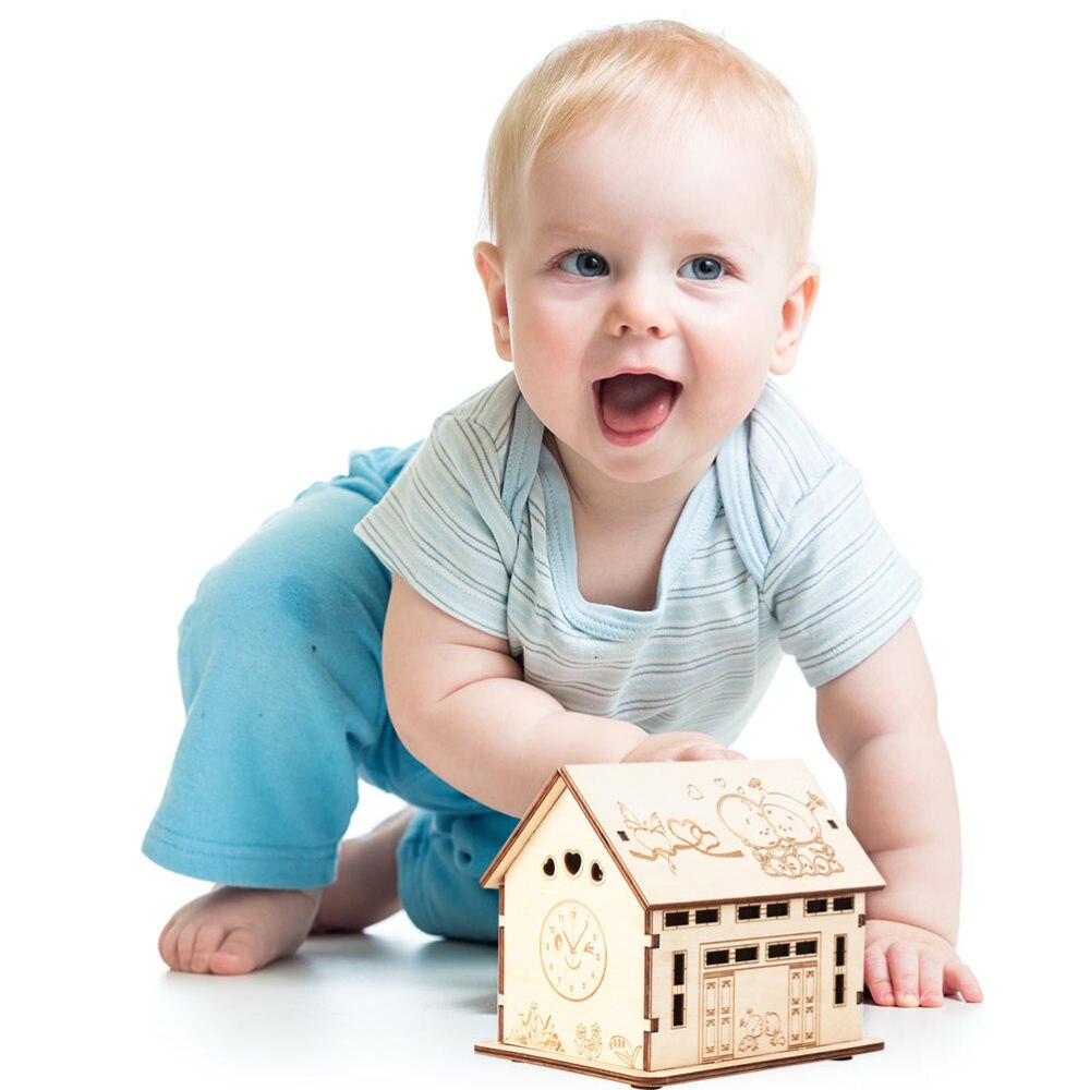 1pc Wooden House Shape Coin Bank Kids Piggy Bank Kid Intellectual (Khaki)