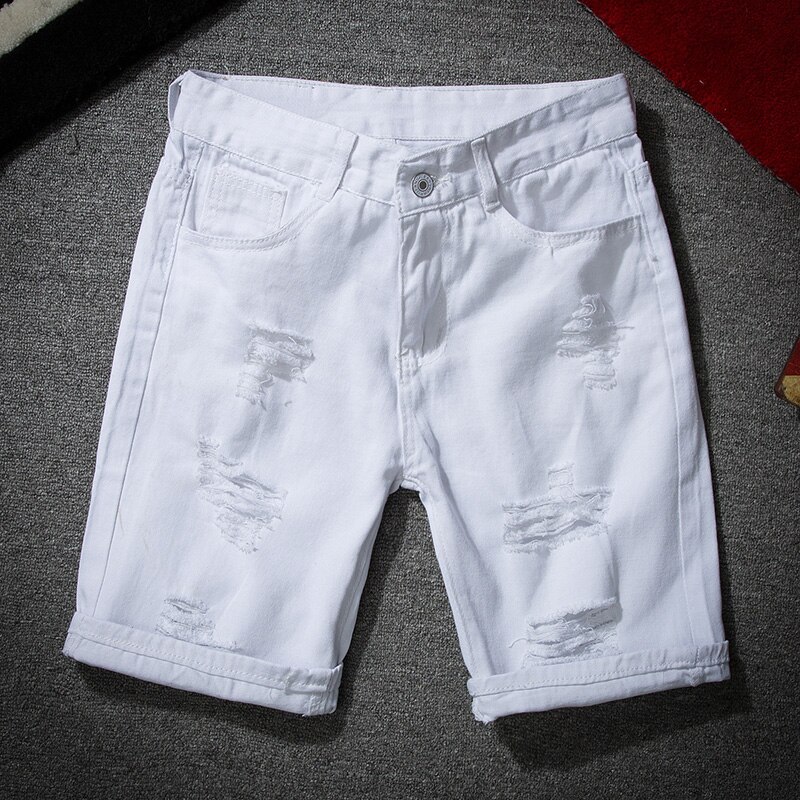 Men White Denim Shorts Summer Men Holes Short Jeans Men Cotton stretches Casual Denim Shorts: White / 33