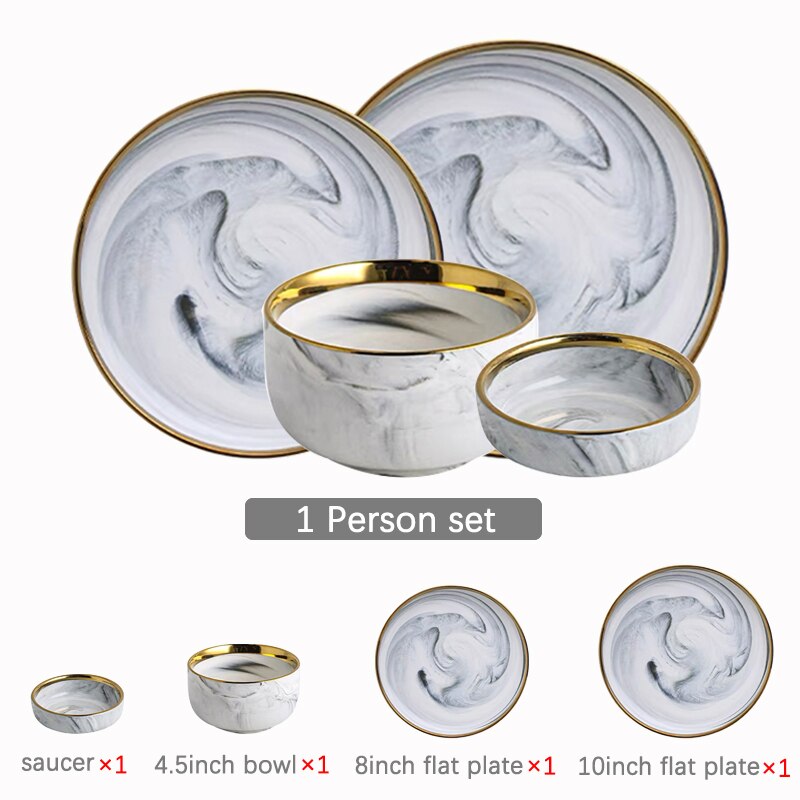 Dinner Plates Set Dishes Marble Steak Food Plate Salad Soup Bowl Dessert Cake Plate Dinnerware Set for Restaurant: 1 person set