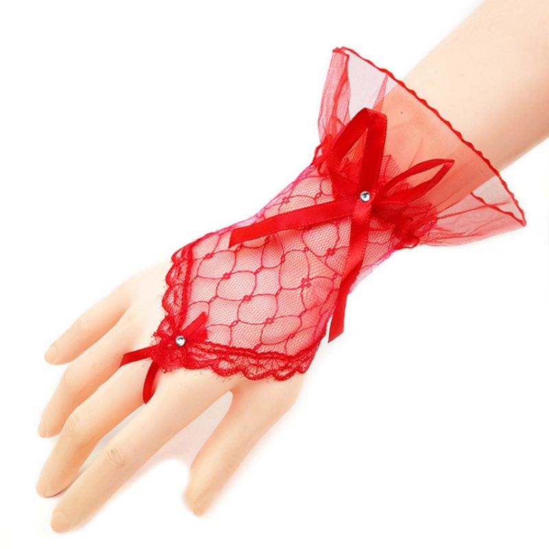 Bridal Wedding Short Fingerless Gloves Rhinestone Bowknot Sheer Lace Mittens