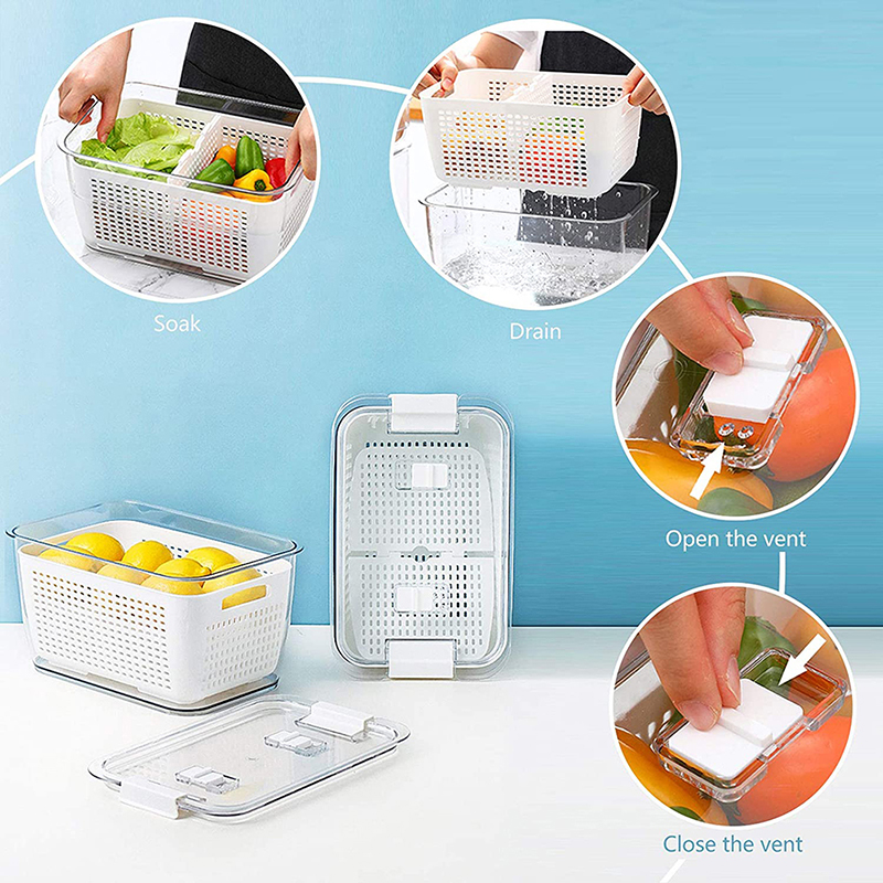 Fridge Storage Box Refrigerator Vegetable Fruit Boxes Drain Basket Containers With Lid Food Preservation Box Kitchen Organizer