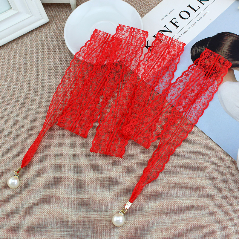 Vrouwen Mode Riemen Lace Hollow Gordel Dunne Parel Riem Touw voor Jurken Kwastje Tailleband Riem Knoop Versierd Smalle Lint Zwart: Rood