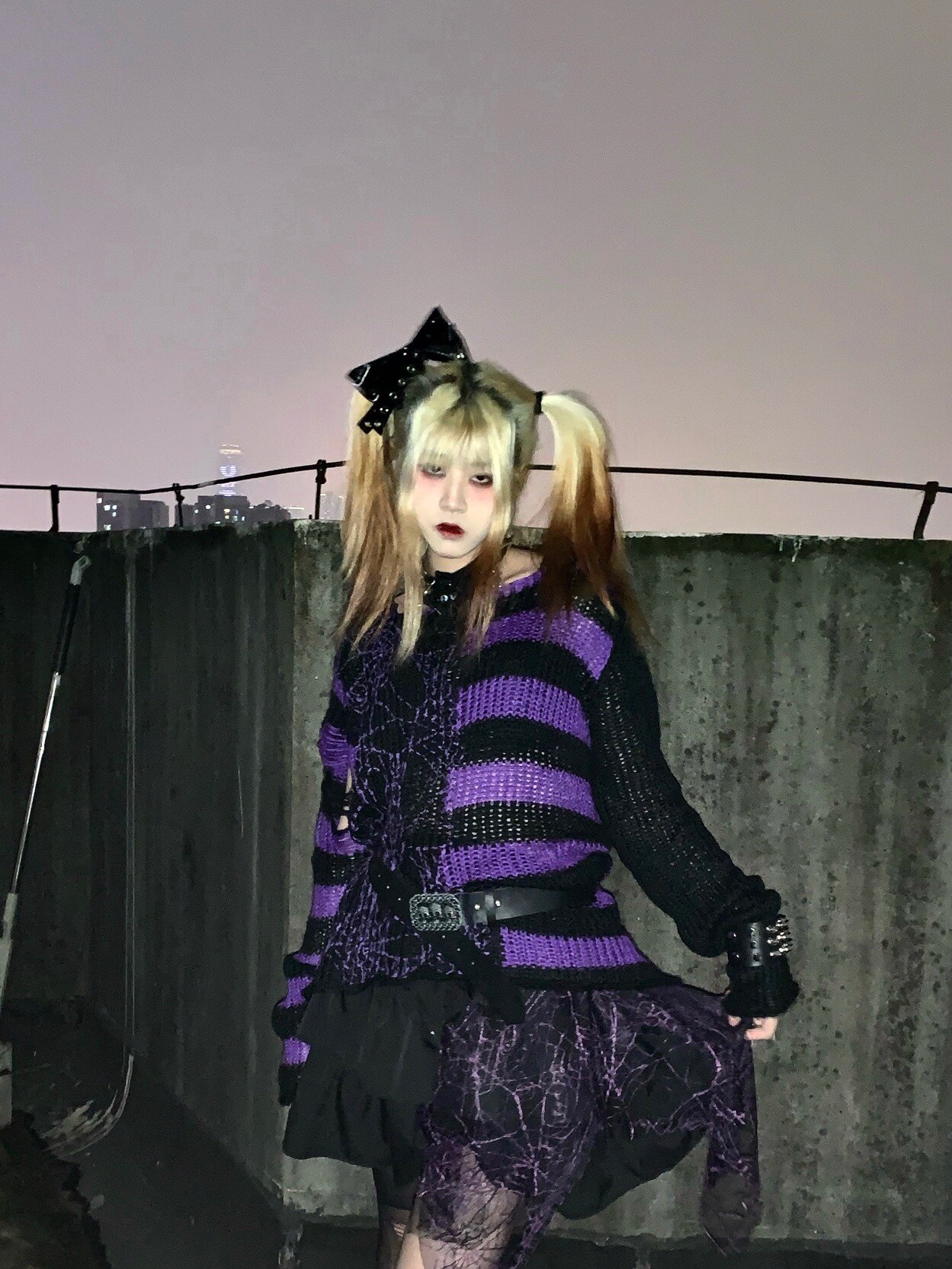 Gothic Punk Spider Patchwork Gestreepte Gebreide Trui Streetwear Lente Herfst Vrouwen Kleding: Violet