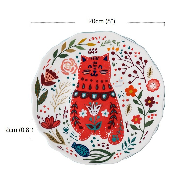 8 Inches Japanese Style Hand-painted Cartoon Cat Dinner Plate Sets: D