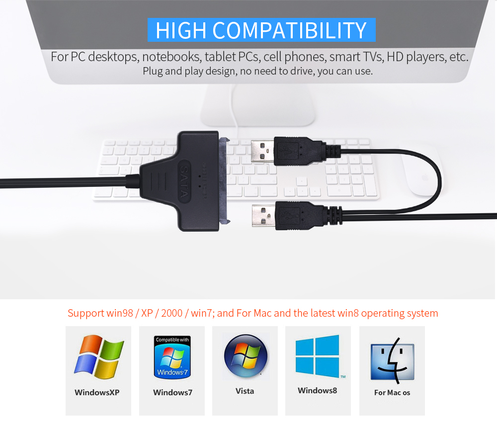 Usb 2.0 sata 15 + 7 pin til usb 2.0 bærbar usb adapter kabel adapter kabel til 2.5 tommer sata harddisk