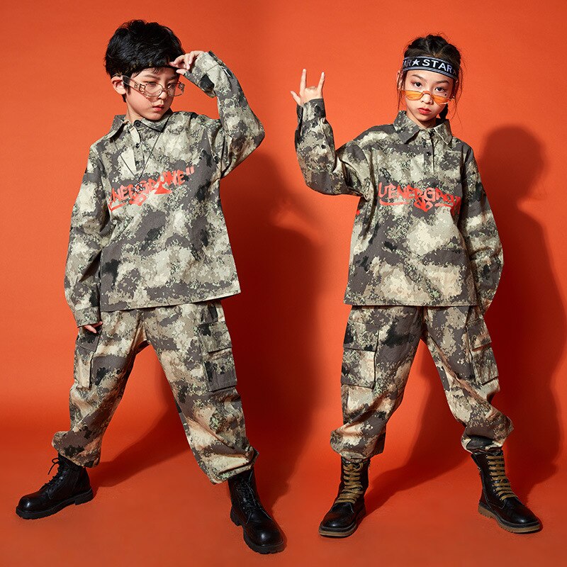 Ropa de de Hip Hop para niños, camisa de gran tamaño, parte de arriba, ropa informal de camuflaje, pantalones de camuflaje tácticos para niñas, traje de baile de Jazz