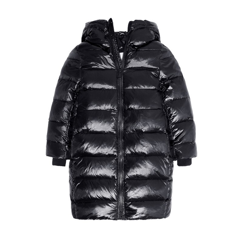 shiny down jacket winter jackets girls winter jacket boy snowsuit kids two-way zipper hooded black thichen long down jacket