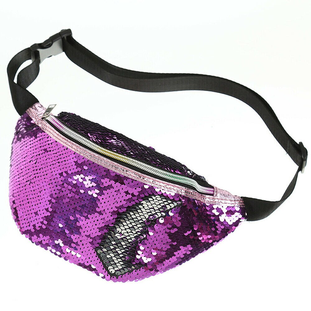 Womens Reversible Mermaid Sequins Glitter Waist Bum Bag Pack Pouch Satchel: Purple