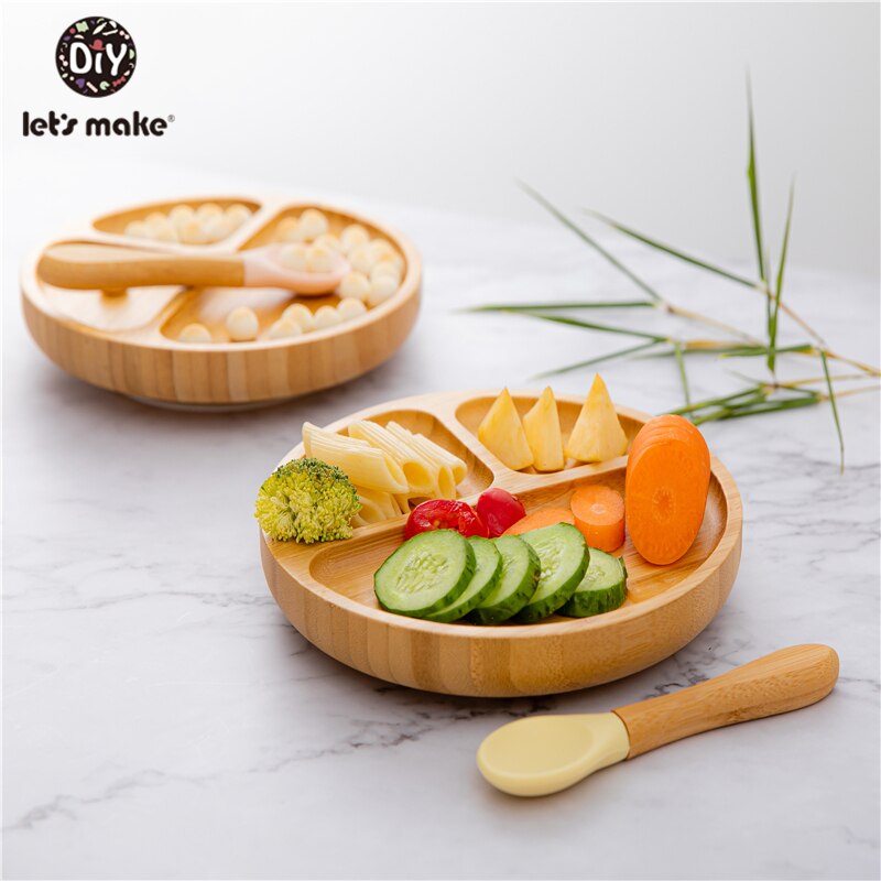 1set Baby Feeding Bamboo Bowl With Spill Proof Silicone Spoon Baby Dinner Plate Feeding Dinnerware Toddler Infant Tableware Set