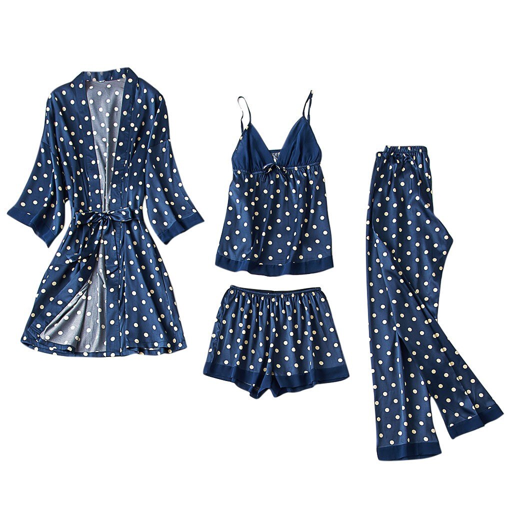 Women sleepwear 4Pcs Satin Silk Pajamas Cardigan Nightdress Bathrobe Robes Underwear Sleepwear пижама женская
