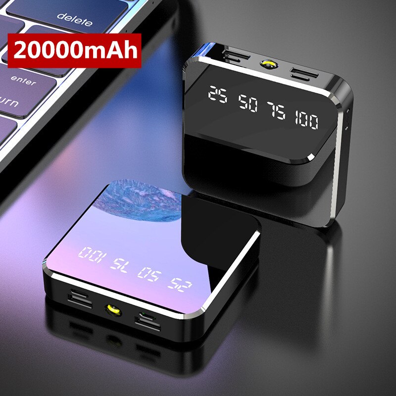 20000mAh Portable Mini Power Bank Mirror Screen Digital Disply Poverbank External Battery Pack Powerbank For Smart Mobile Phone
