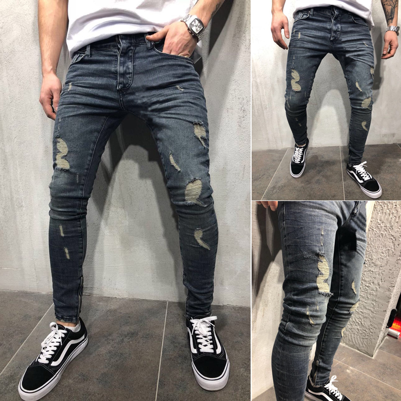 Goocheer Mens Ripped Jeans Stretchy Skinny Slim Fit Denim Pants Destroyed Frayed Moustache Effect Trousers Streetwear