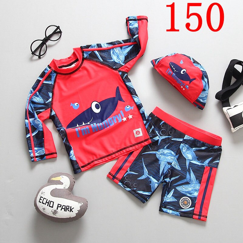 Swimwear for Kids Boys Children's Swimsuit for Boy Shark Print Long Sleeves Sun UV Protection 3 Pieces Child Bathing Clothes: SIZE 150 - 882002