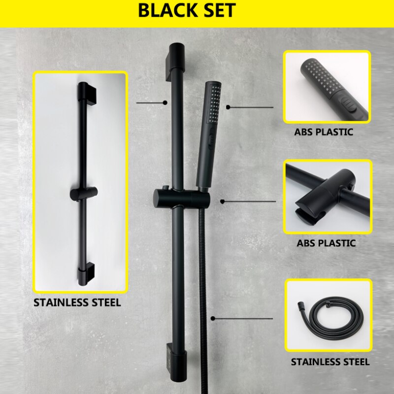 Shower Bar Set with Sliding Bar Solid Brass Outlet Connector 2 Functions Hand Shower 1.5m Hose Adjustable ABS Holder Matt Black: Black Set