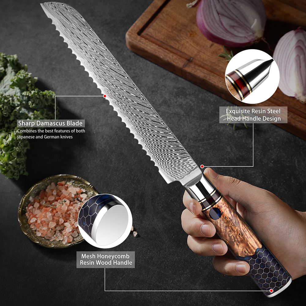 Brotmesser aus Damaststahl, 20,3 cm, professionelles Küchen-Toast-Schneidemesser, Wabenmuster, blauer Harzgriff, gezahntes Messer, Kuchenmesser