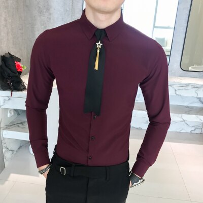 Merke herre skjorte høst slim fit all match dress skjorter menn casual langermet herrer ball skjorte smoking 3xl: Vinrød / Asiatisk  l 52-60kg