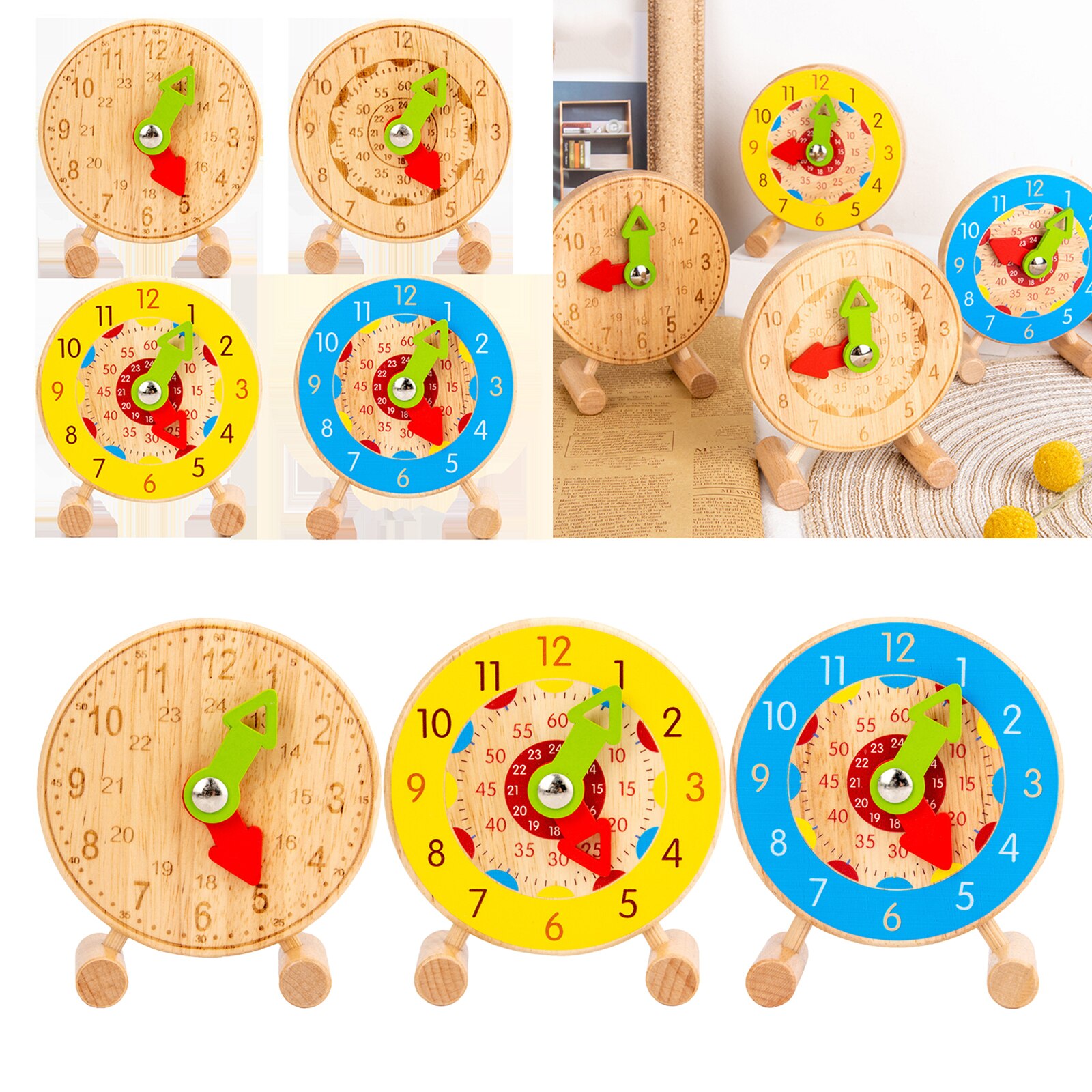 Free Standing Wooden Educational Teaching Clock Toys Tell The Time Numbers Learning Tool
